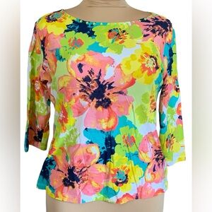 Ruby Rd Knit Floral Embellished Scoop Neck 3/4 Sleeve Top. Sz large.